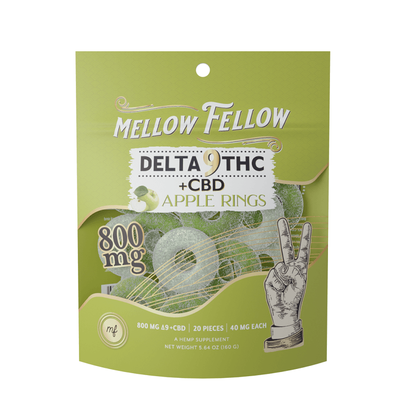800mg Mellow Fellow Apple Rings D9+CBD gummies in a colorful display, showcasing their chewy texture and vibrant color.