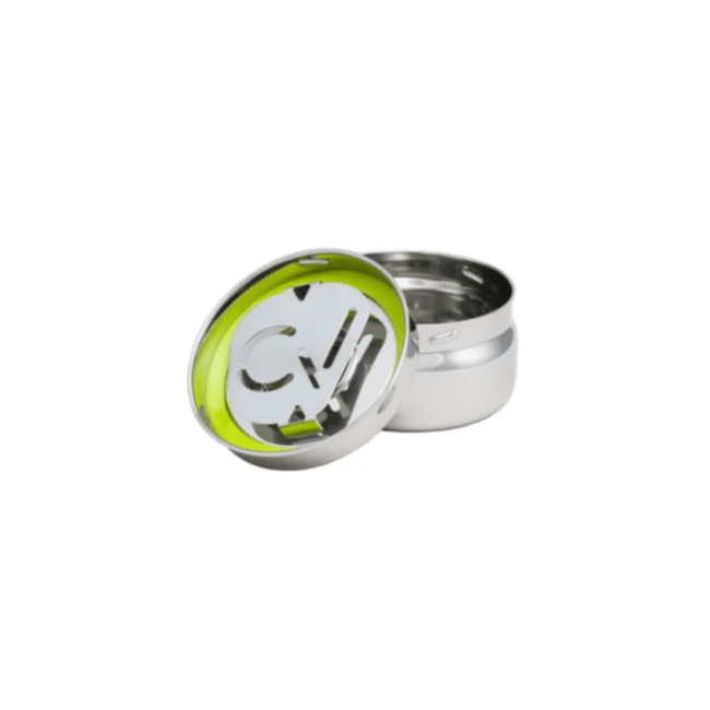 Small C Vault CVault Twist metal jar for storing herbs or concentrates, featuring a secure twist lid and durable metal construction.