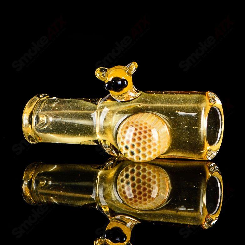 Small Joe P Glass honeycomb and bee joint holder for chillums, featuring intricate glass design with honeycomb and bee motifs.