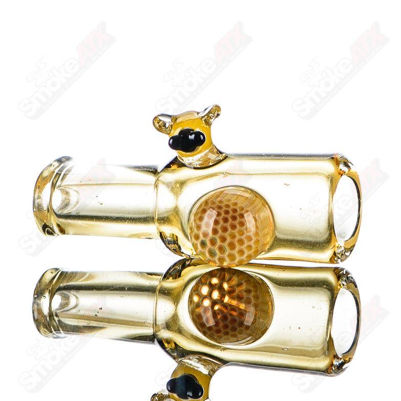 Small honeycomb and bee joint holder by Joe P Glass, heady glass chillum featuring intricate honeycomb and bee design.