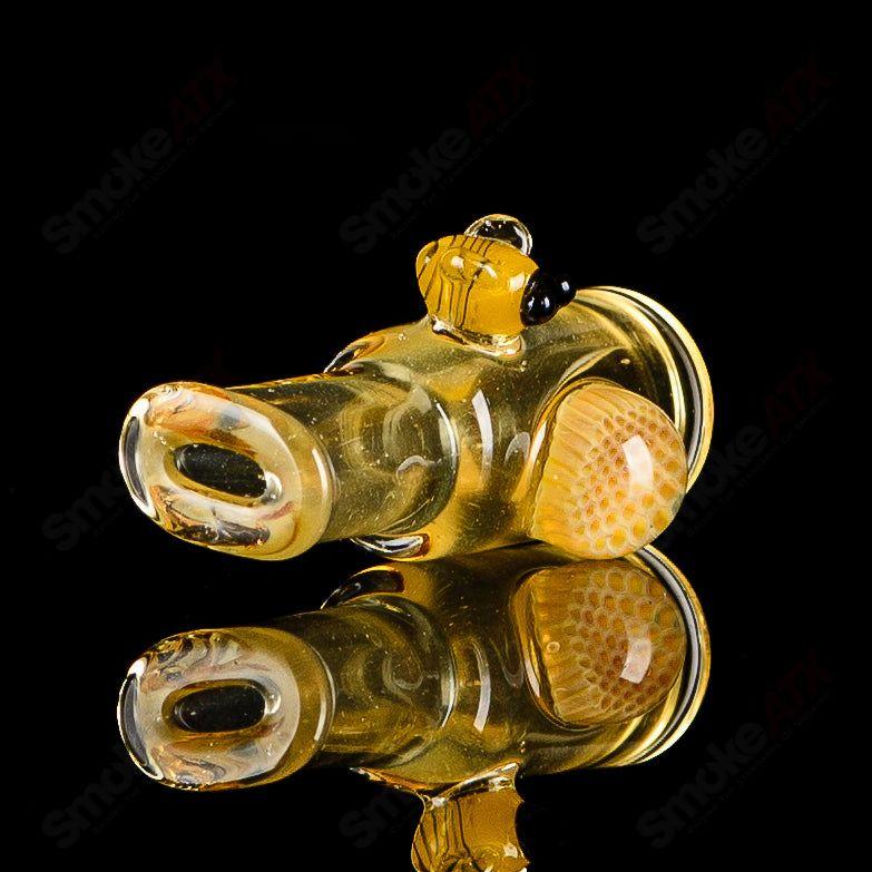 Small Honeycomb and Bee joint holder by Joe P Glass, a colorful heady glass chillum with intricate honeycomb and bee designs.