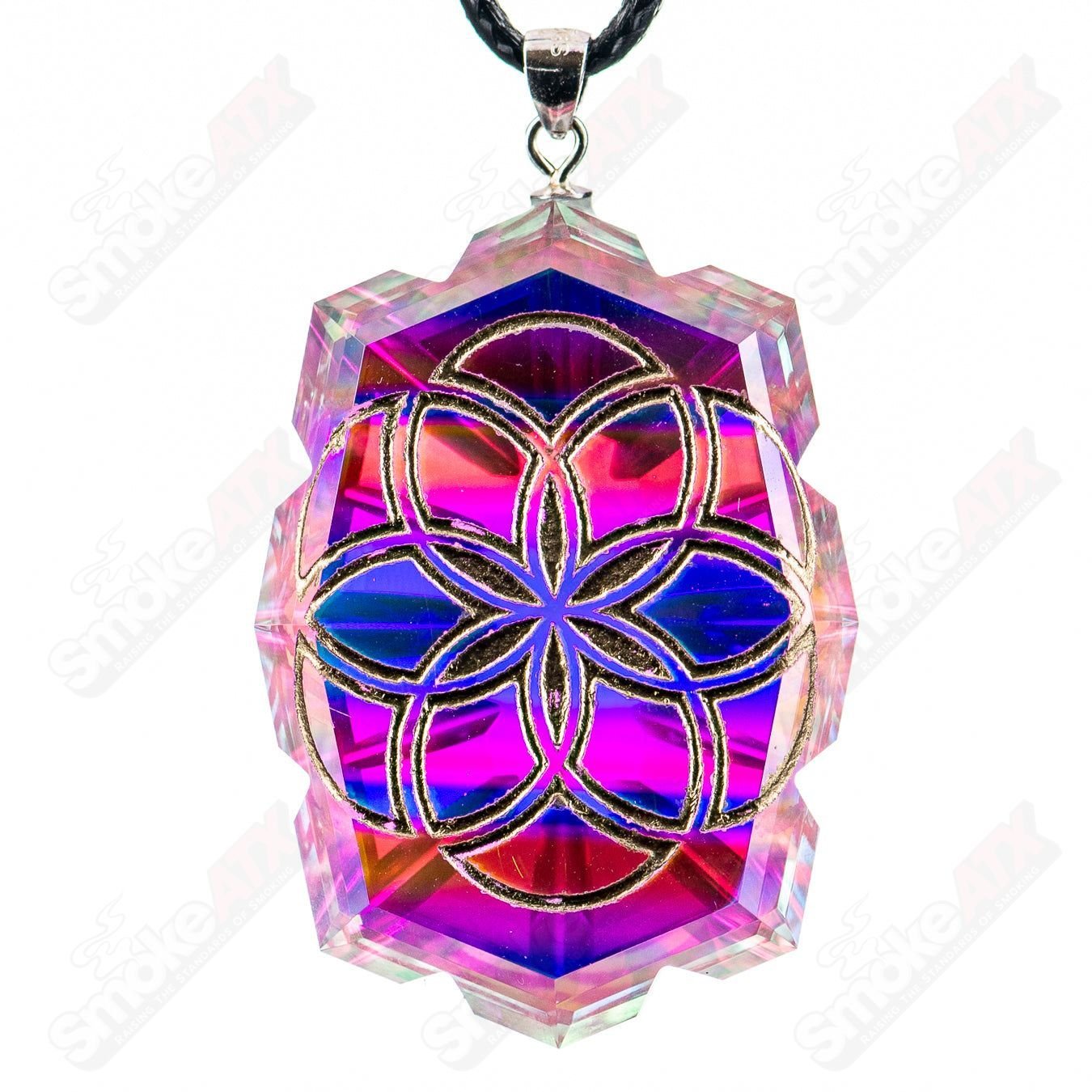 Colorful SOL Pendant by Fatal Facets, handcrafted heady glass pendant with intricate faceted design on a clear string.