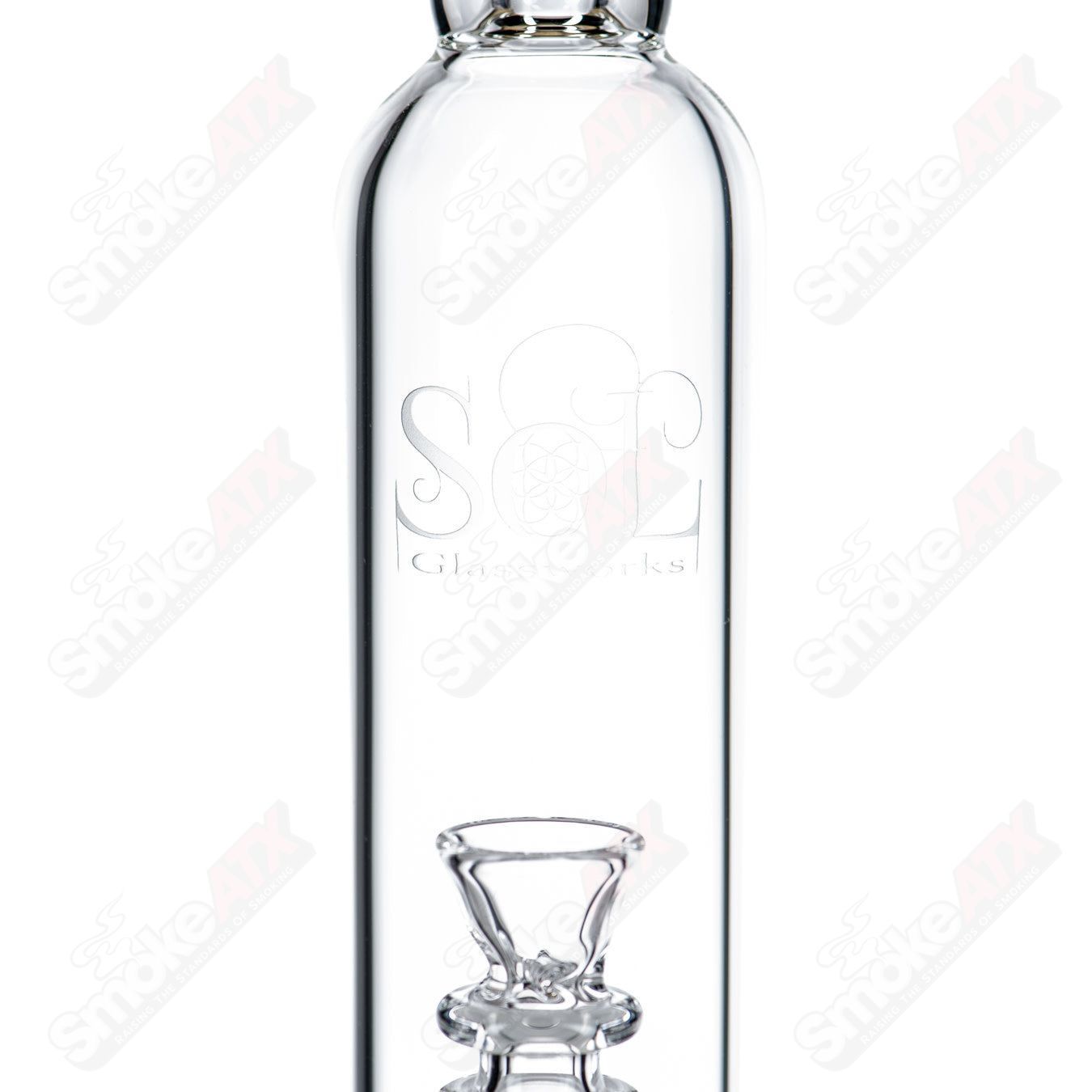 SoL50 Lace-Sphere waterpipe by SoL Glassworks, clear glass with intricate lace-like design and spherical shape.