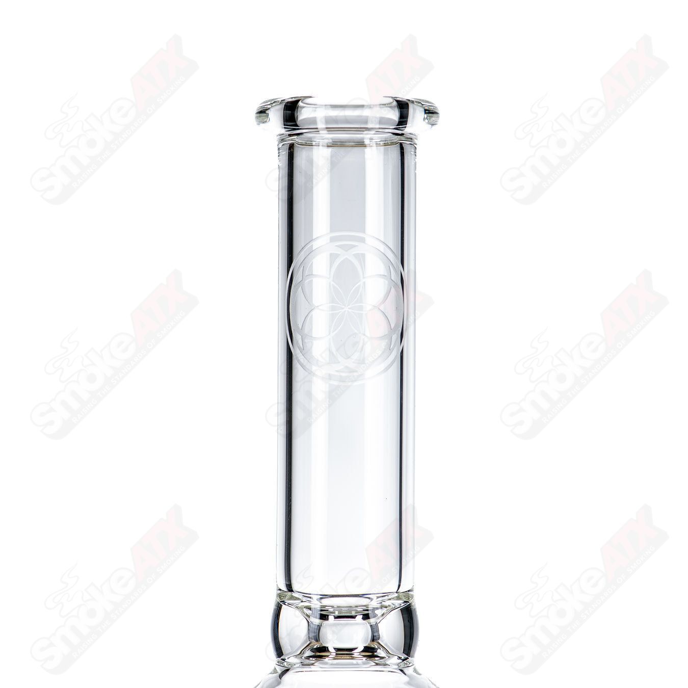 Colorful SoL50 Lace-Sphere glass waterpipe by SoL Glassworks with intricate lace design, clear glass body, and rounded shape.
