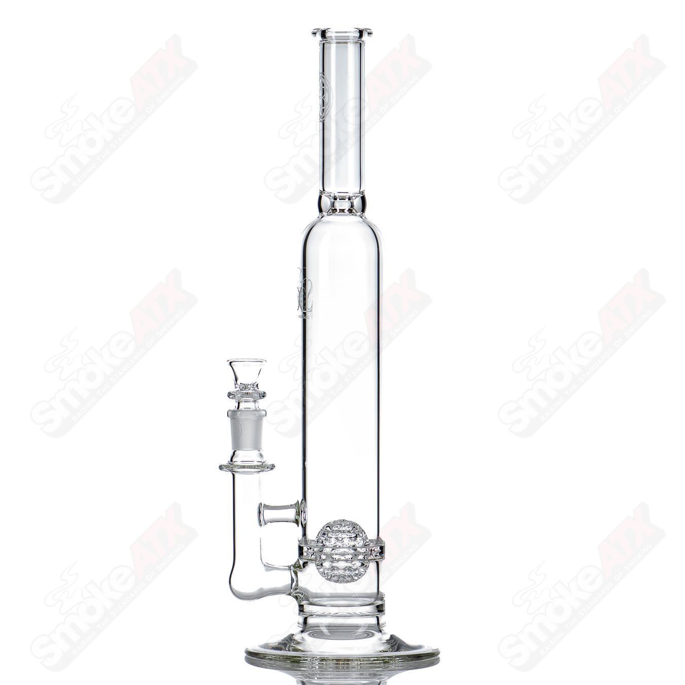 Glass waterpipe with a lace-sphere design by SoL Glassworks, featuring clear glass and intricate handcrafted details.