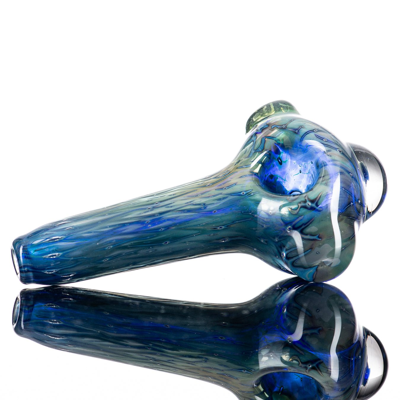 Handcrafted glass Space Spoon pipe by JMK Glass, featuring a colorful space-themed design and smooth mouthpiece.