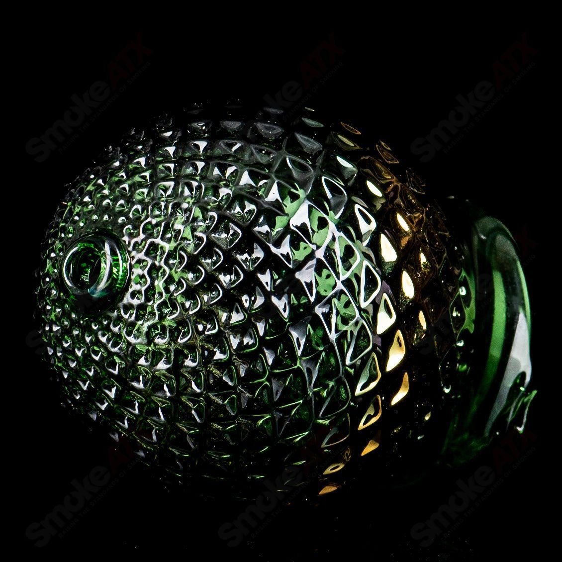 Emerald green glass Puffco top with gold diamond tech design, dry sphere shape, by James Lang.