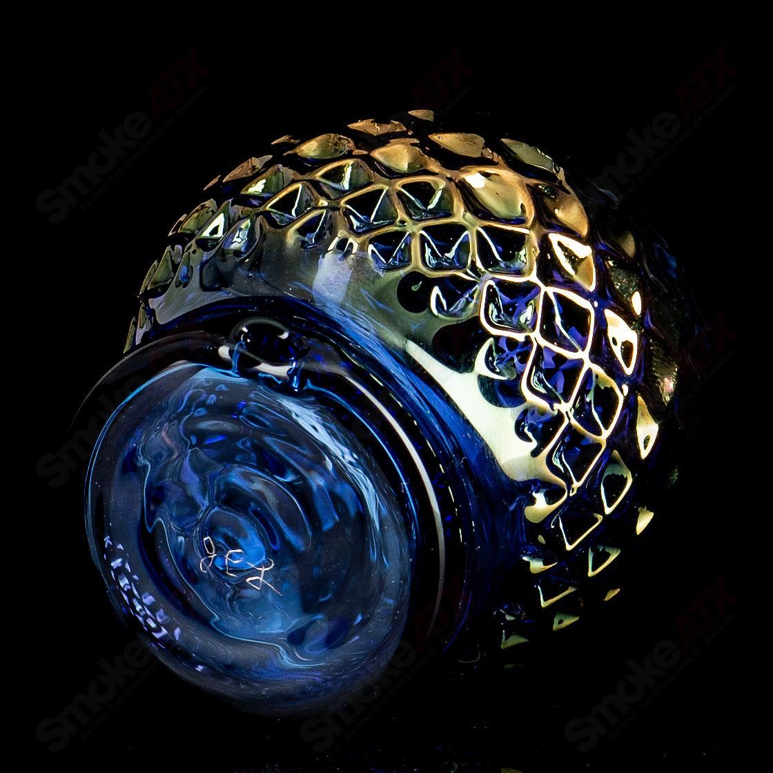 Cobalt blue Sphere Light Puffco top with gold diamond tech accents for dry herb vaporizer by James Lang.