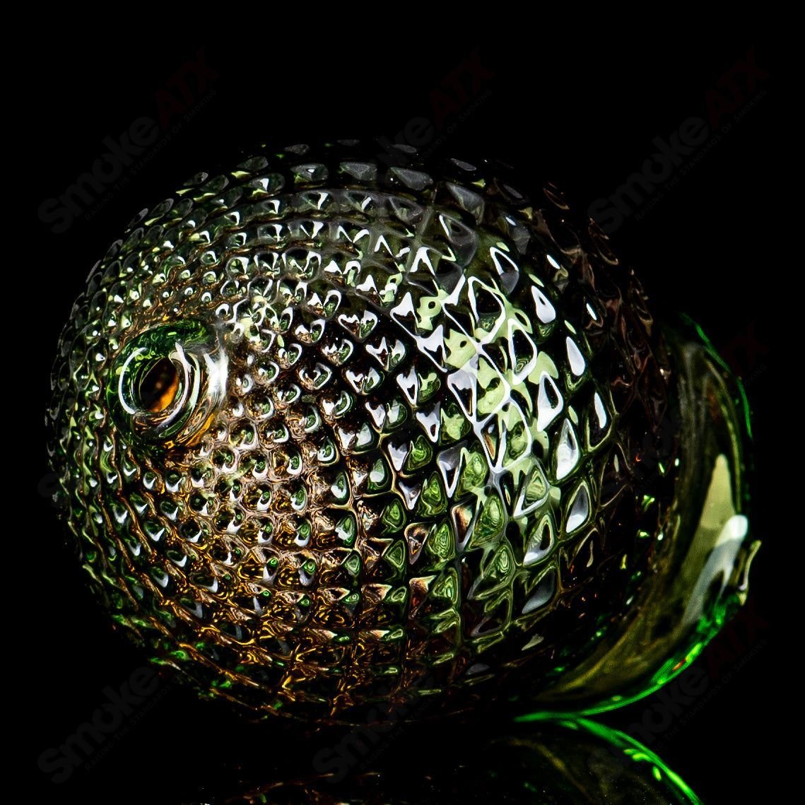 James Lang glass Puffco top featuring Sphere Lime Juice design with gold diamond tech for dry concentrates.