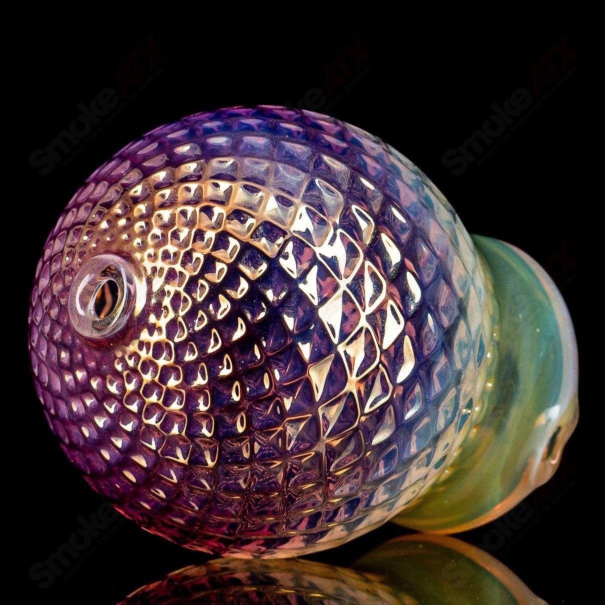James Lang Sphere Silver and Gold Fumed Diamond Tech Dry Puffco Top made of glass, featuring a spherical shape with intricate fumed design.
