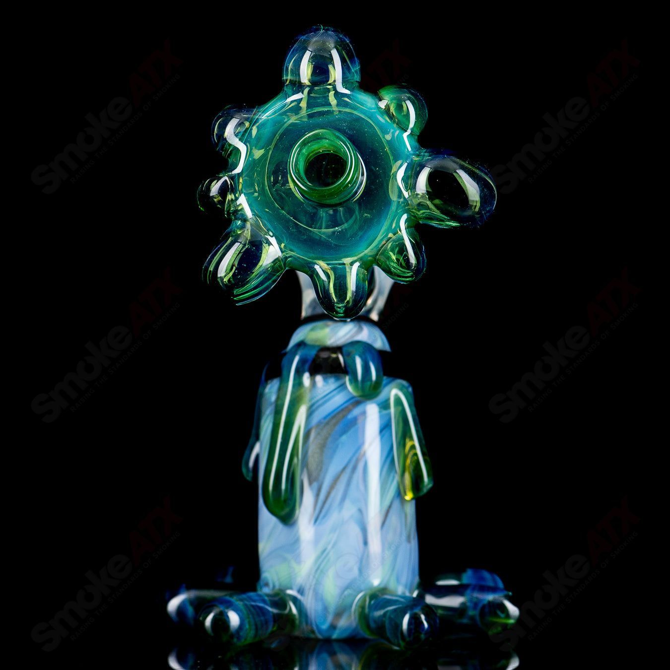 King Leo Glass Spray Paint Can Rig, heady glass concentrate rig with colorful spray paint can design and intricate glass details.