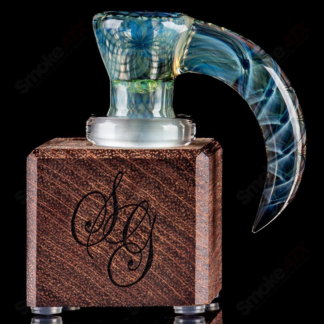 Colorful Stephen C. Fully Worked Slide Sovereignty Heady Glass bowl with intricate designs, showcasing craftsmanship and vibrant details.