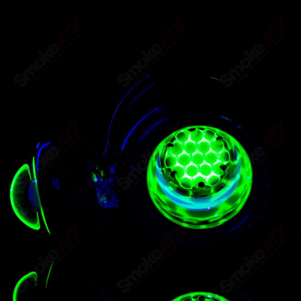 Mobius STR8 45 Circle Solo glass waterpipe, black and clear design with intricate details, 9 of 2024 edition.