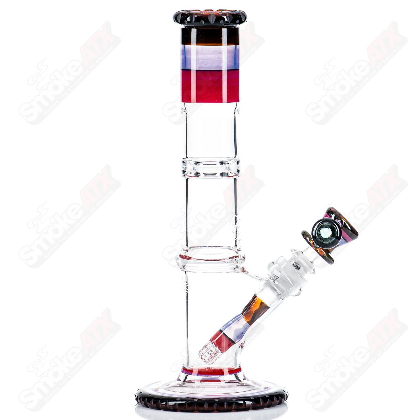 Glass waterpipe by Mobius, STR8 45 Circle Solo, model #9 of 2024, featuring a clear circular design and sturdy construction.