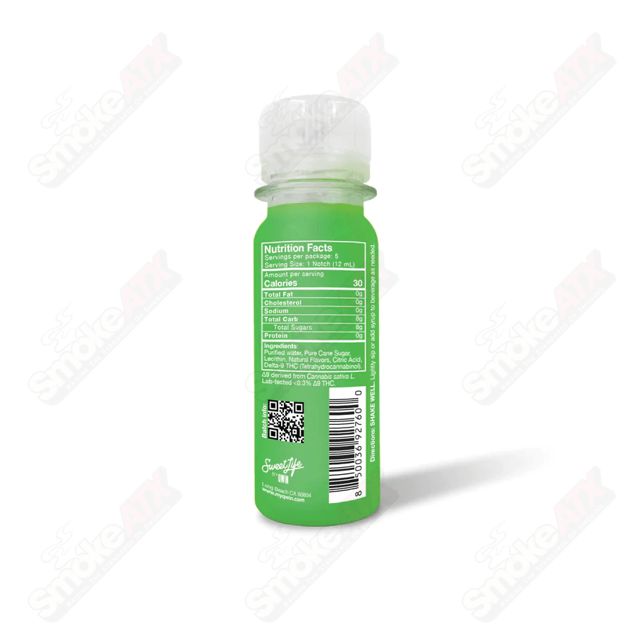 StrawMango Hemp drink with 200mg D9 THC, 2 fl oz, by Qwin, featuring a straw-mango flavor and vibrant packaging.
