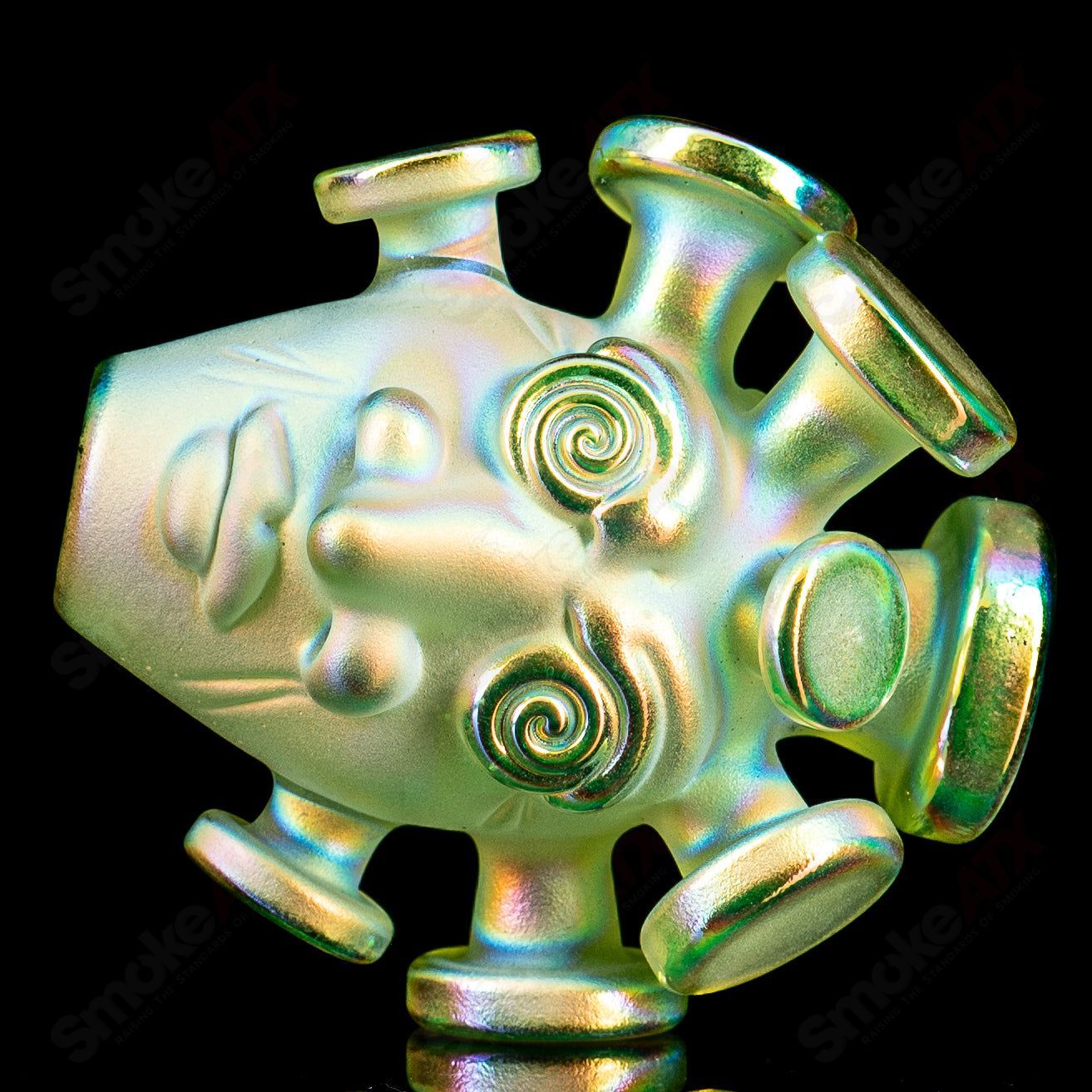 Colorful Sunset Slyme face pendant with dichroic spray by JMass, designed by Josh Mazet, featuring vibrant glass art pendant.