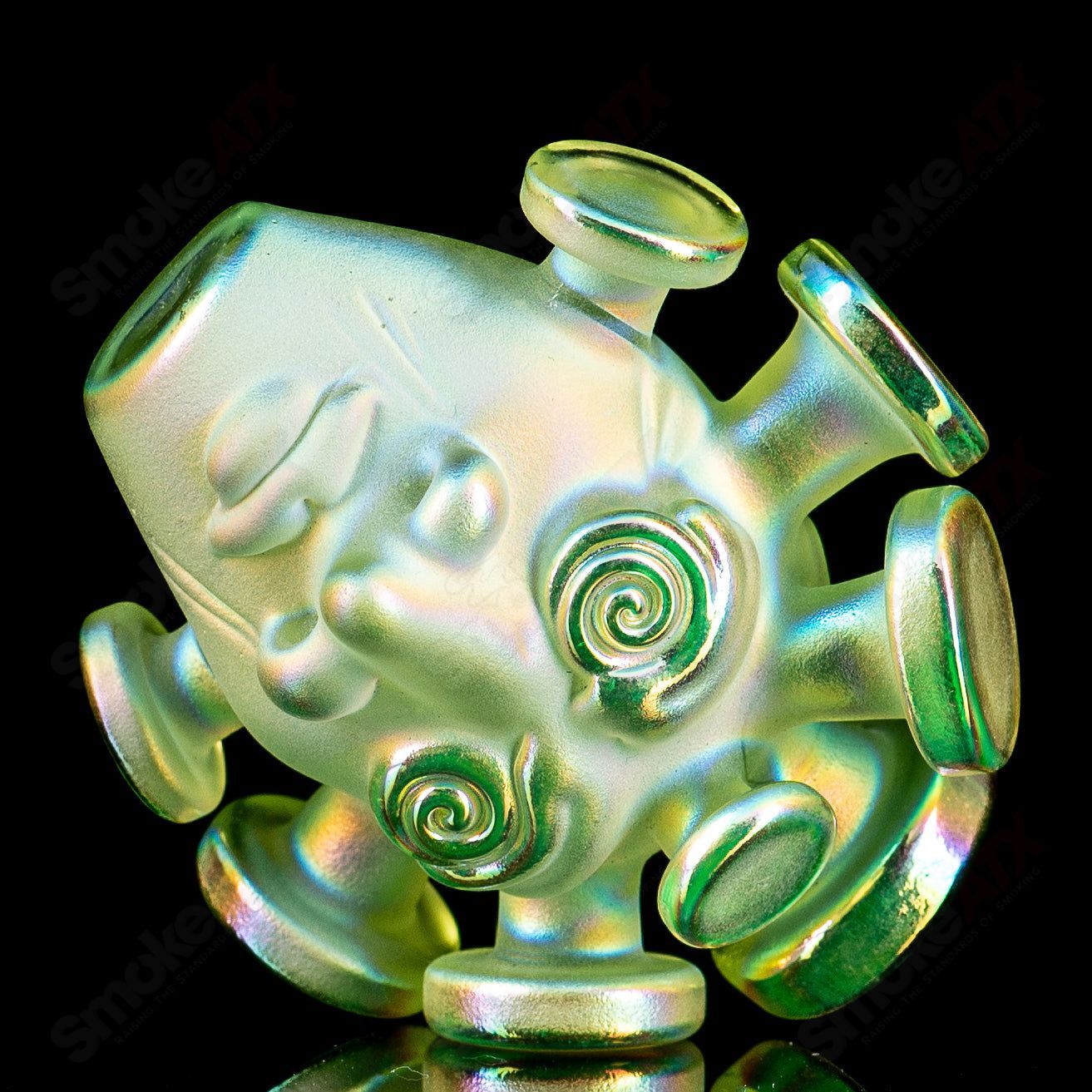 Colorful Sunset Slyme face pendant by JMass, featuring dichroic spray accents, crafted by artist Josh Mazet in heady glass jewelry.