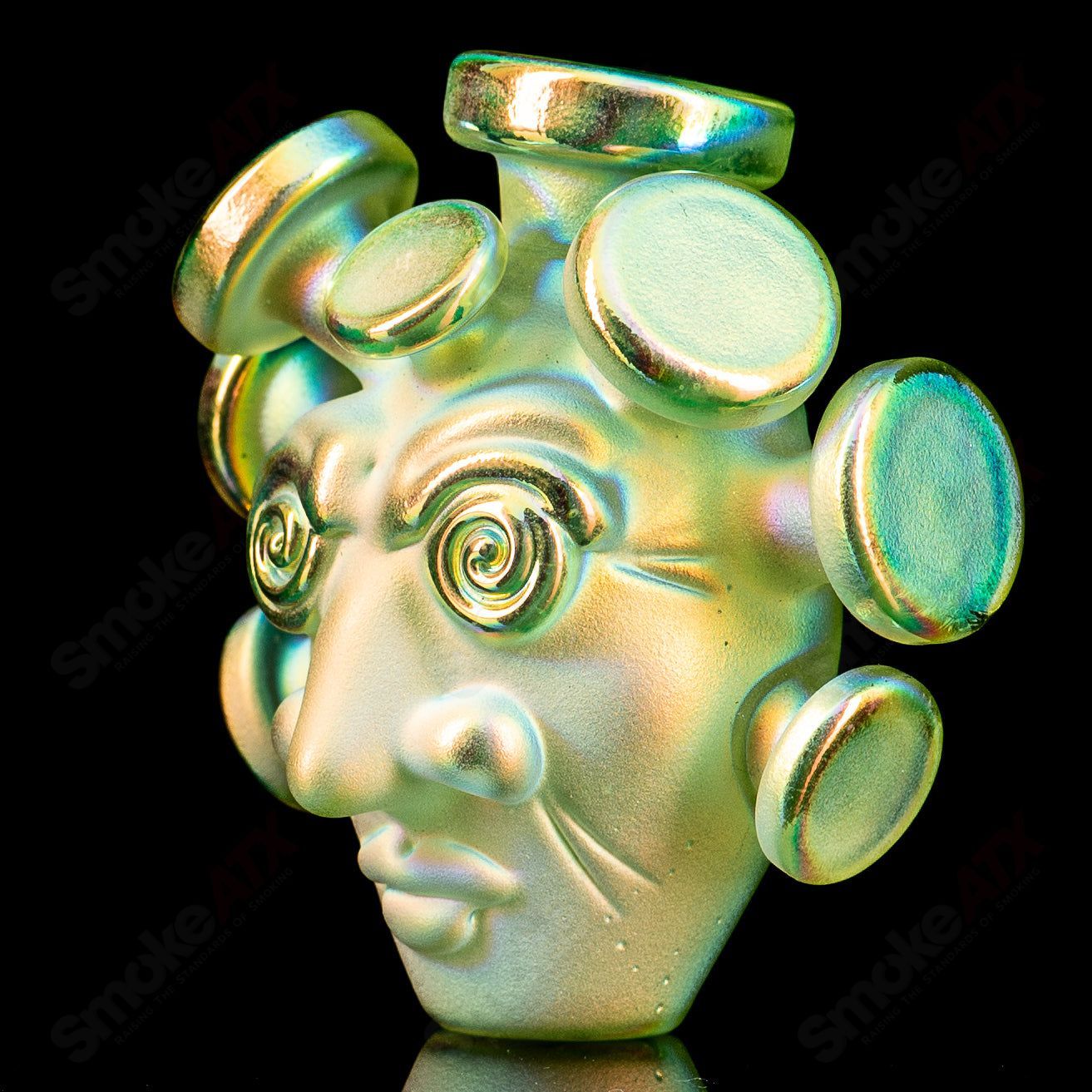 Sunset Slyme face pendant with dichroic spray by JMass, featuring colorful, artistic heady glass pendant design.