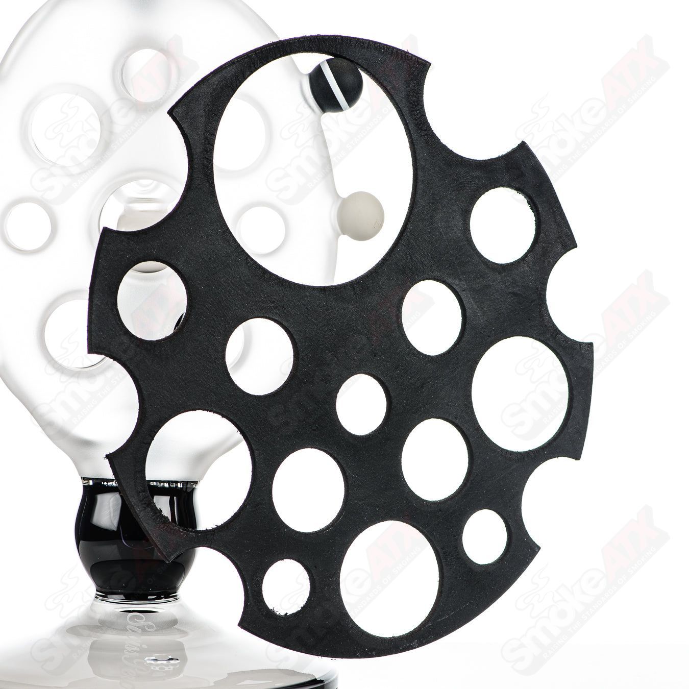 Swiss Perc 1 of 1 B&W XXL Classic heady glass with Dizzle, KurtB, and CaC artwork showcasing intricate glass detailing.