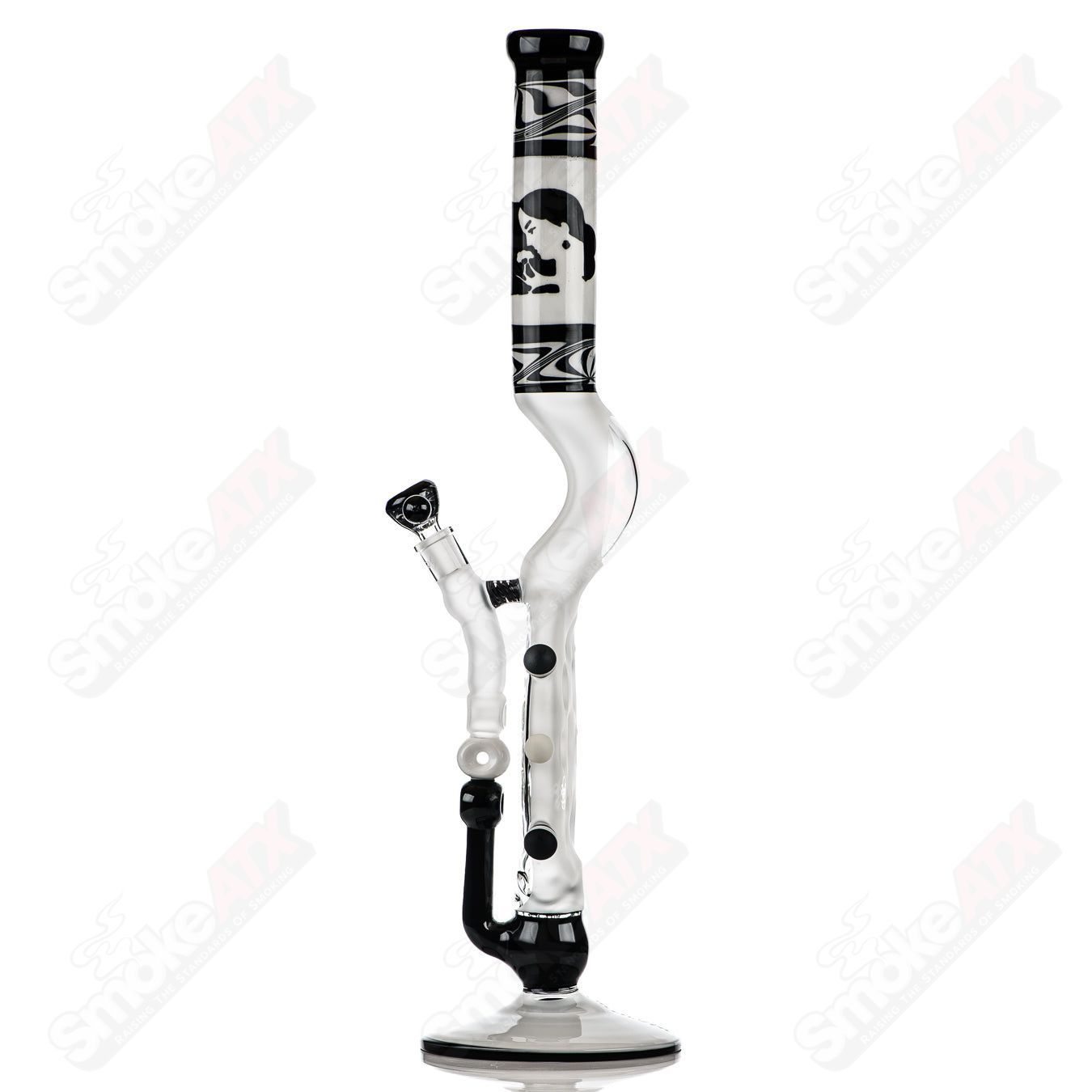 Swiss Perc 1 of 1 B&W XXL Classic Heady Glass with Dizzle, KurtB, and CaC artwork, showcasing vibrant glass craftsmanship.