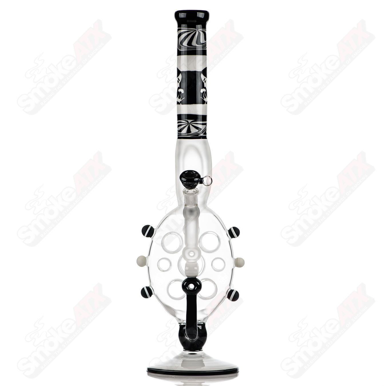 Swiss Perc 1 of 1 B&W XXL Classic heady glass bong with Dizzle, KurtB, and CaC artwork, featuring intricate glasswork and bold design.