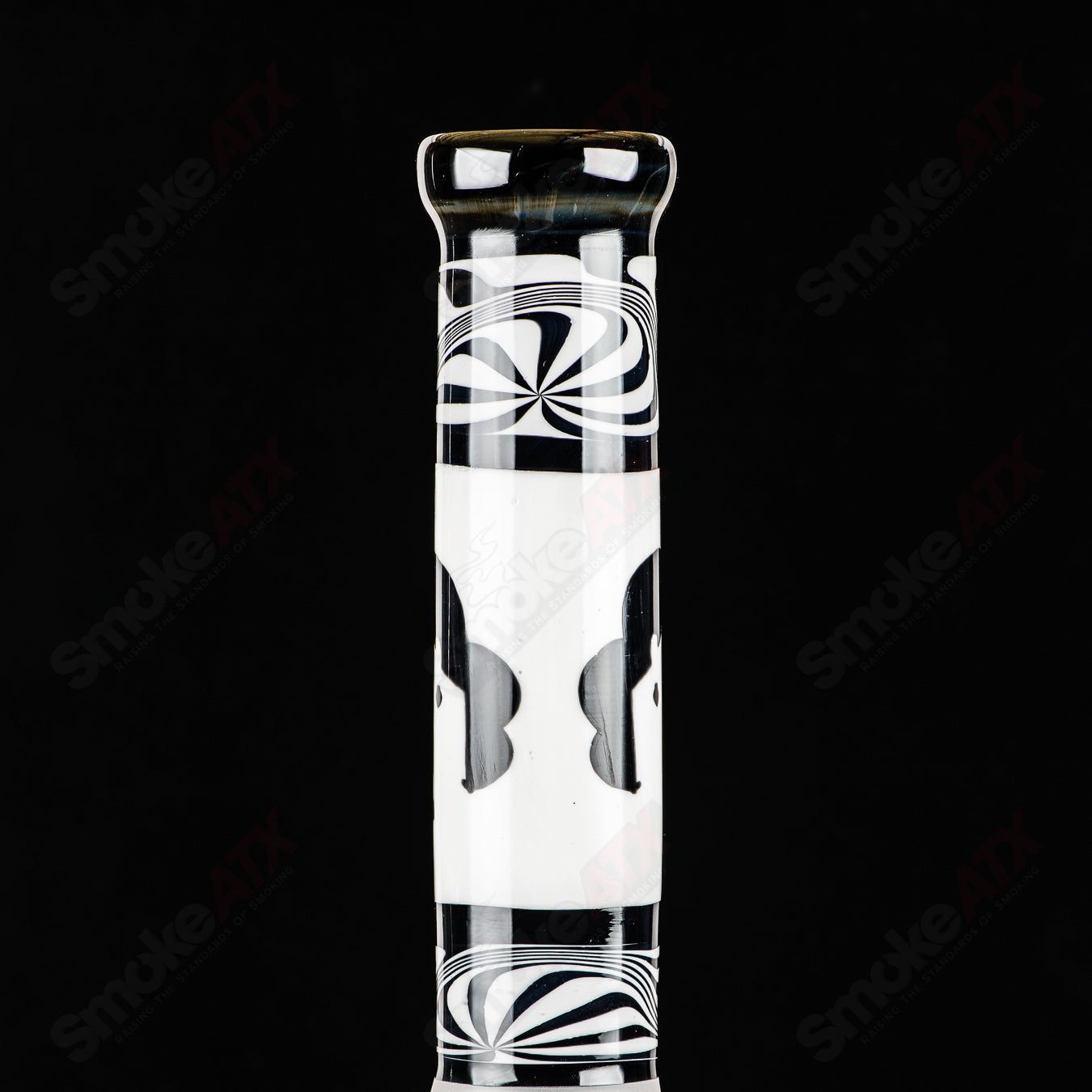 Swiss Perc 1 of 1 B&W XXL Classic heady glass pipe with Dizzle, KurtB, and CaC artwork, featuring vibrant black and white design.