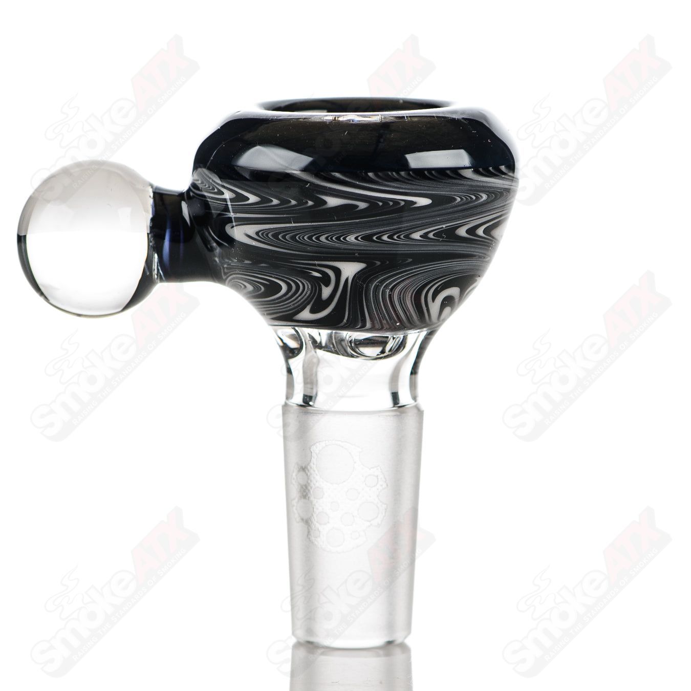 Swiss Perc 1 of 1 B&W XXL Classic Heady Glass with Dizzle, KurtB, and CaC details in vibrant black and white design.
