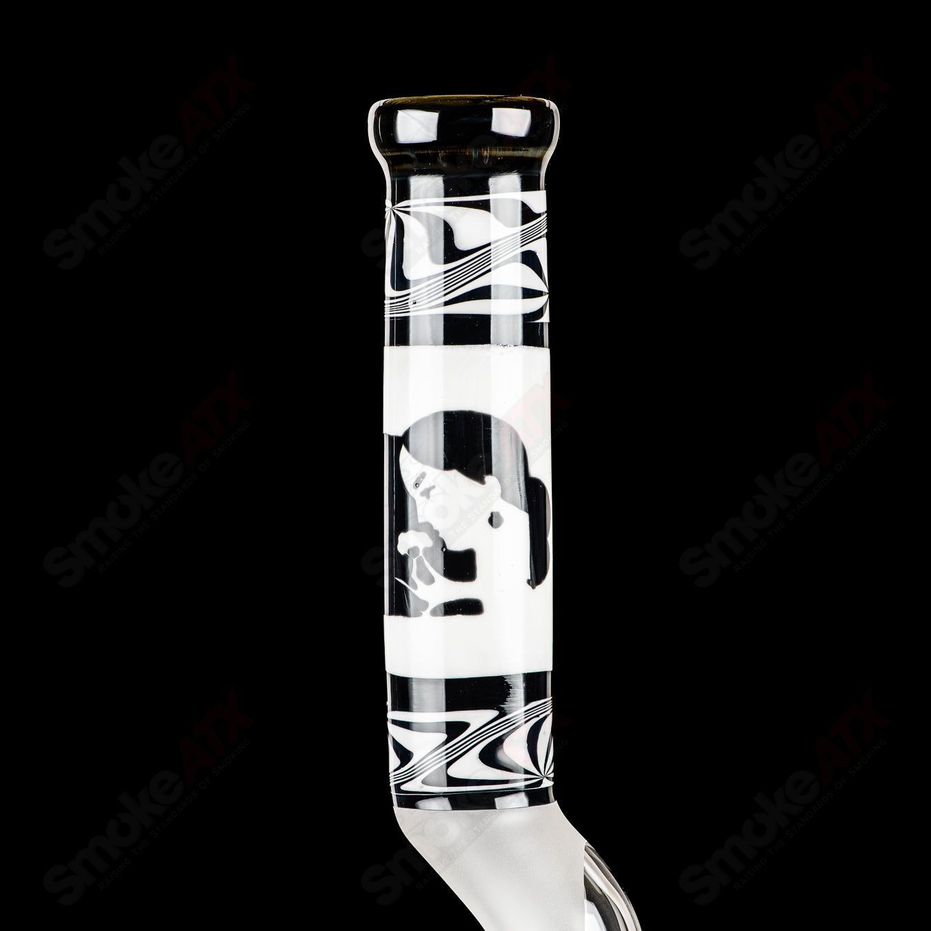 Swiss Perc 1 of 1 B&W XXL Classic heady glass pipe with Dizzle, KurtB, and CaC artwork, featuring intricate glass design.