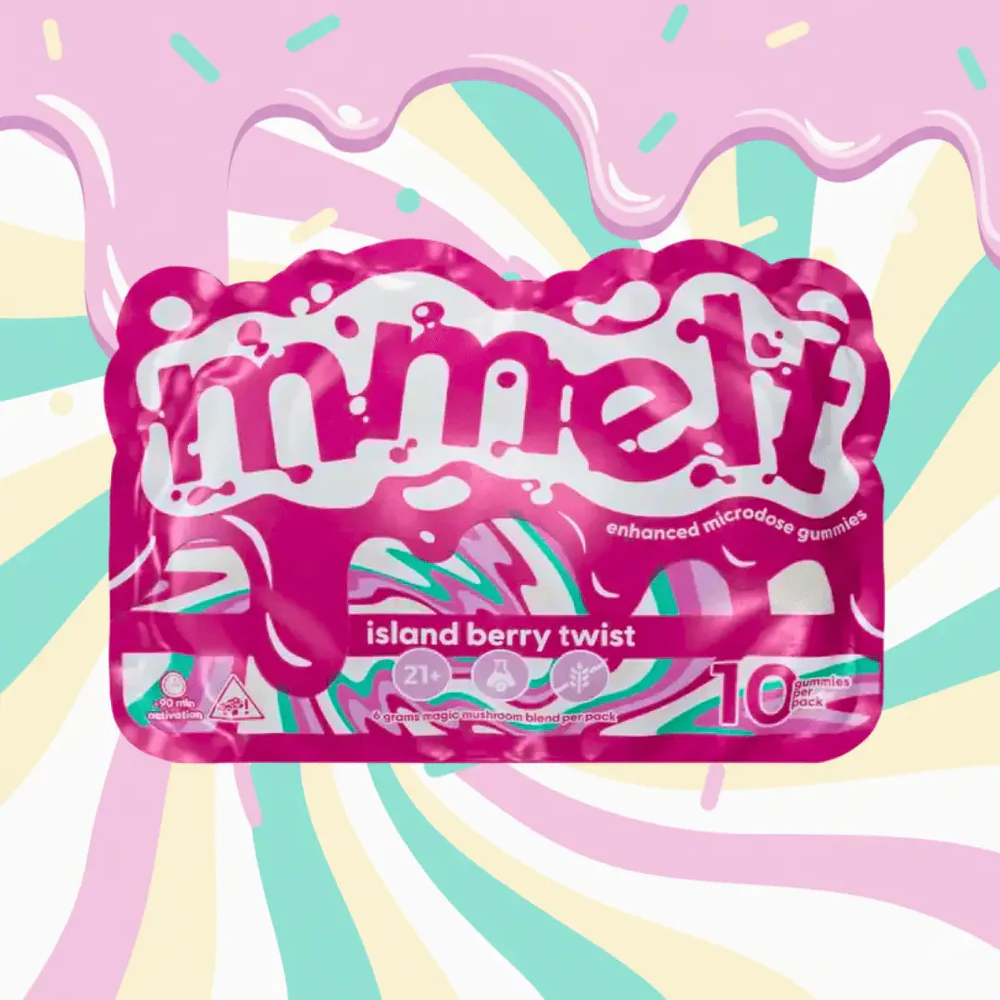 10-pack of MMelt Island Berry Twist mushroom edible gummies, colorful fruit-flavored mushroom-shaped treats.