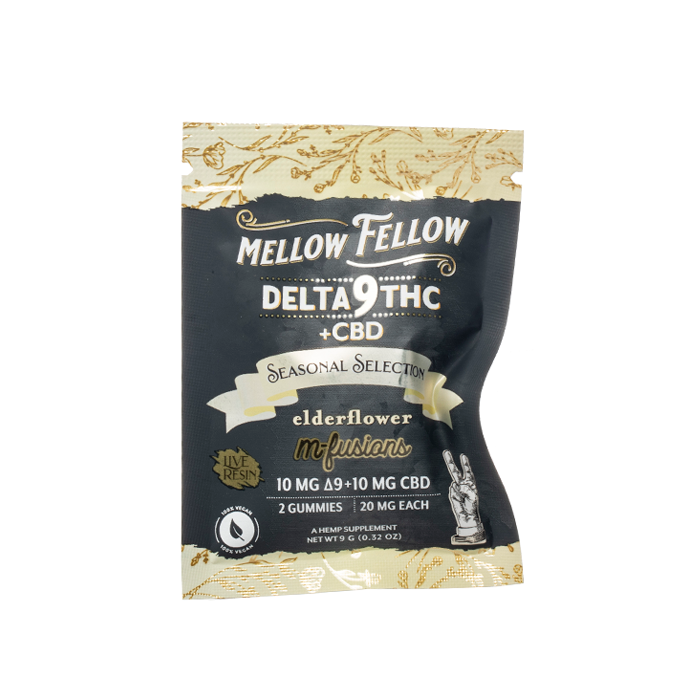 Mellow Fellow Elderflower CBD-infused gummies, 40mg, 2-count hemp edibles, seasonal elderflower flavor, D9 plus CBD.