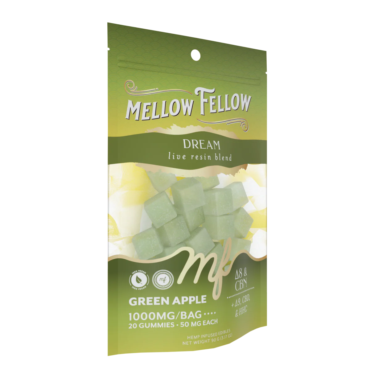 Green Apple Euphoria hemp-infused gummies by Mellow Fellow, 1000mg, 20 count, showcasing the colorful gummy candies in a clear container.