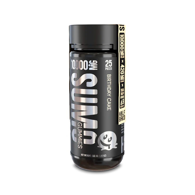 Two packages of Fresh Farms 420mg Birthday Cake hemp THC edibles, showing colorful gummy candies in a resealable bag.