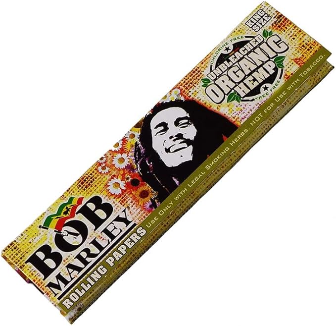 King size organic hemp rolling papers featuring Bob Marley branding, ideal for rolling cigarettes or herbal smokes.