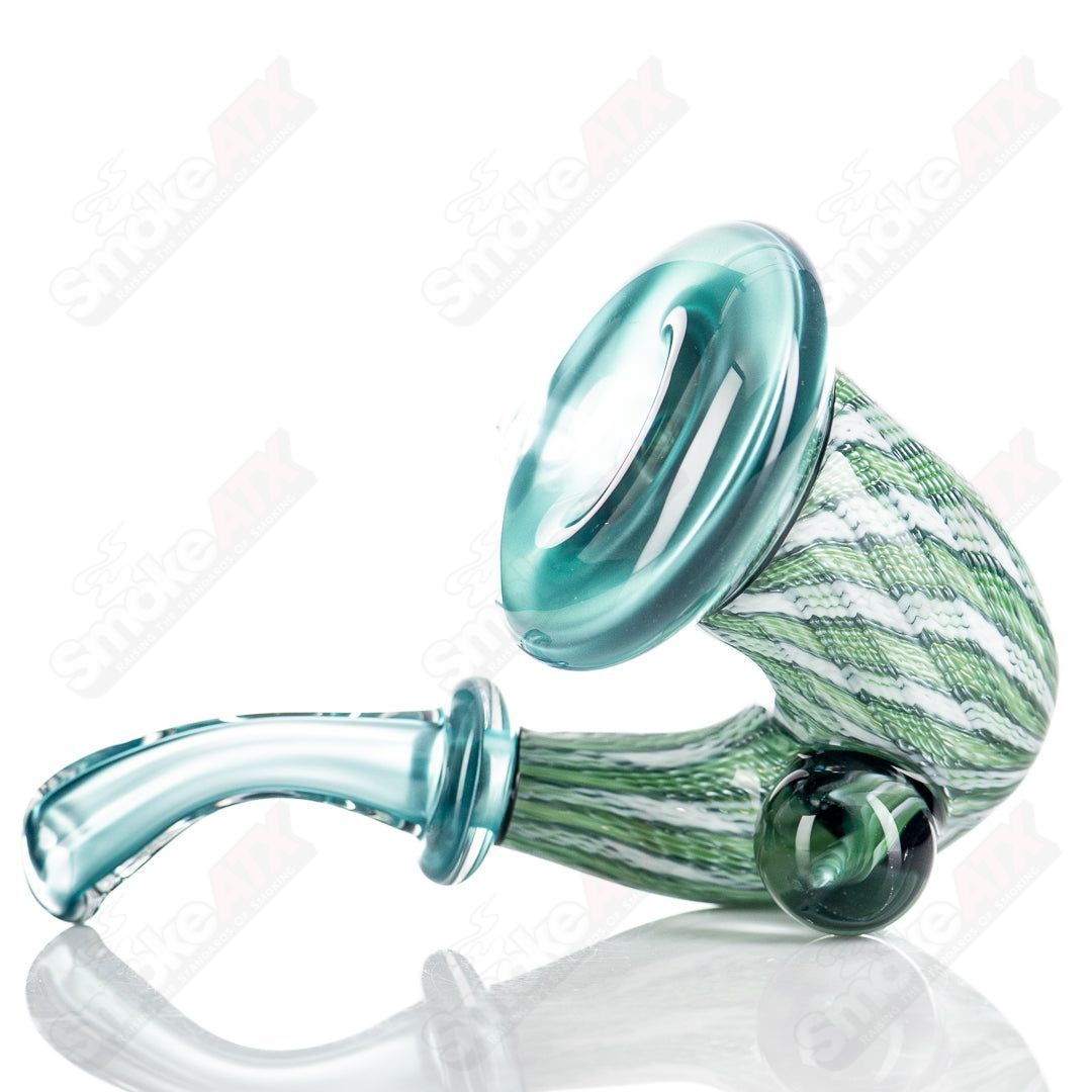 Neptunium Sherlock glass pipe by JMass from the Smitty & JMass collaboration, featuring a sleek glass design with intricate details.