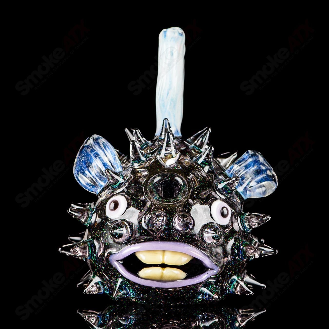 Transparent crushed opal puffer rig by Chadd Lacy Glass, heady glass concentrate rig with vibrant, textured glass design.