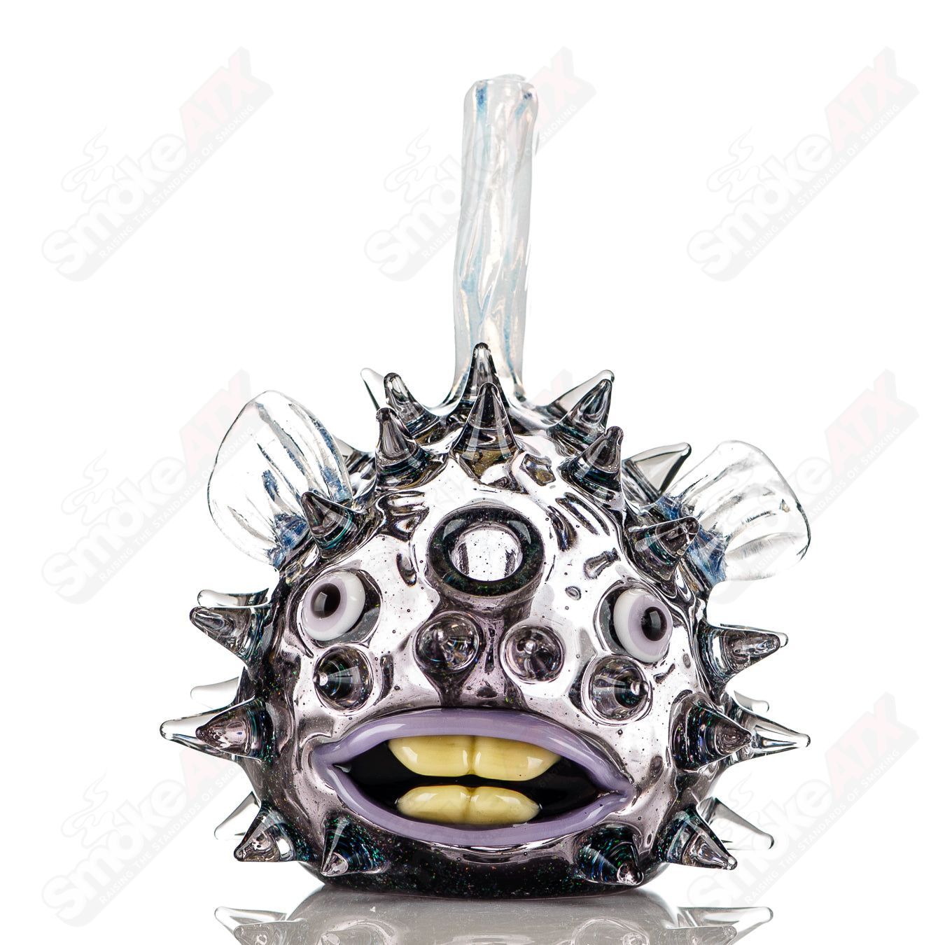 Transparent crushed opal puffer rig by Chadd Lacy Glass, a heady glass concentrate rig with colorful, textured glass details.