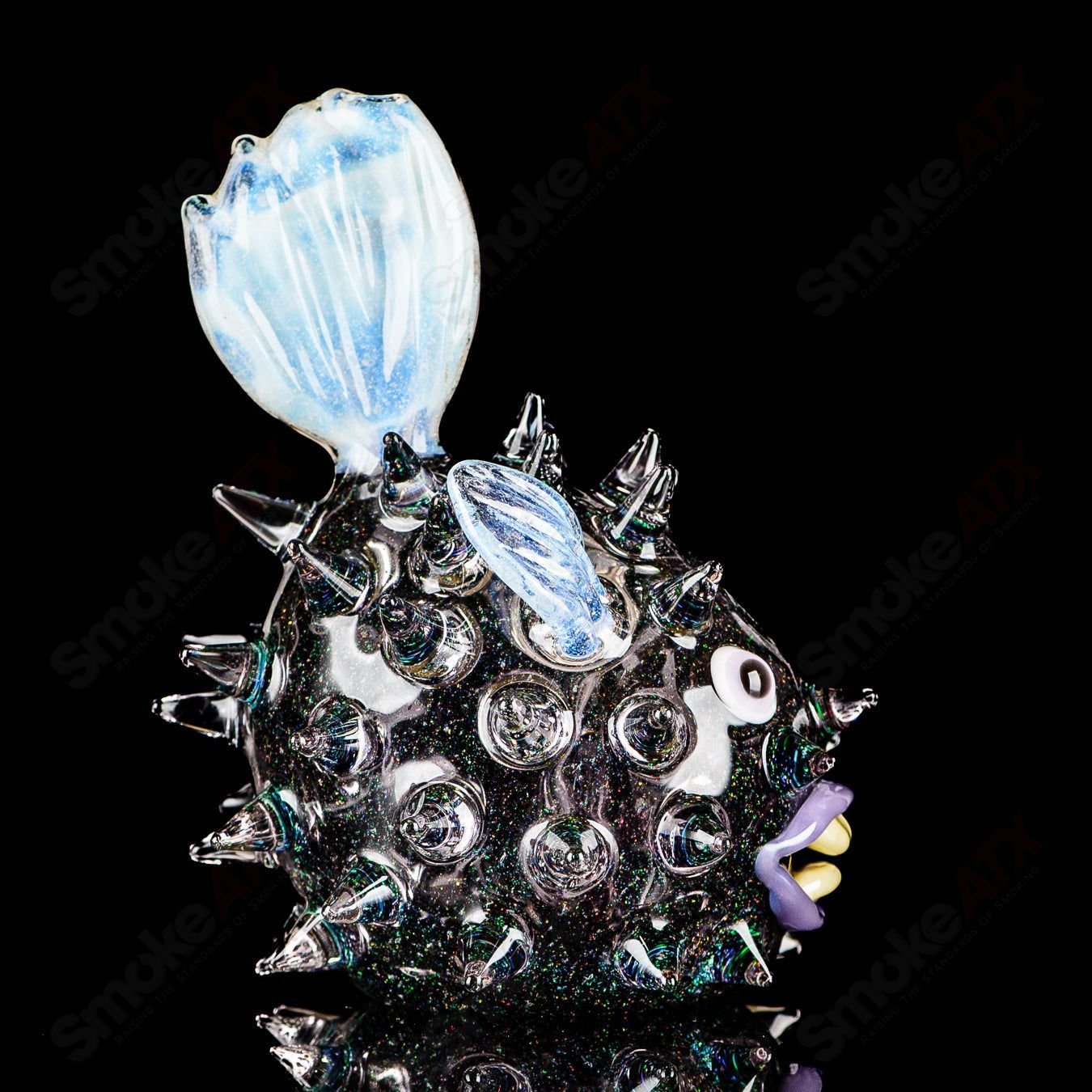 Transparent crushed opal puffer rig by Chadd Lacy Glass, heady glass concentrate rig with a clear design and intricate details.