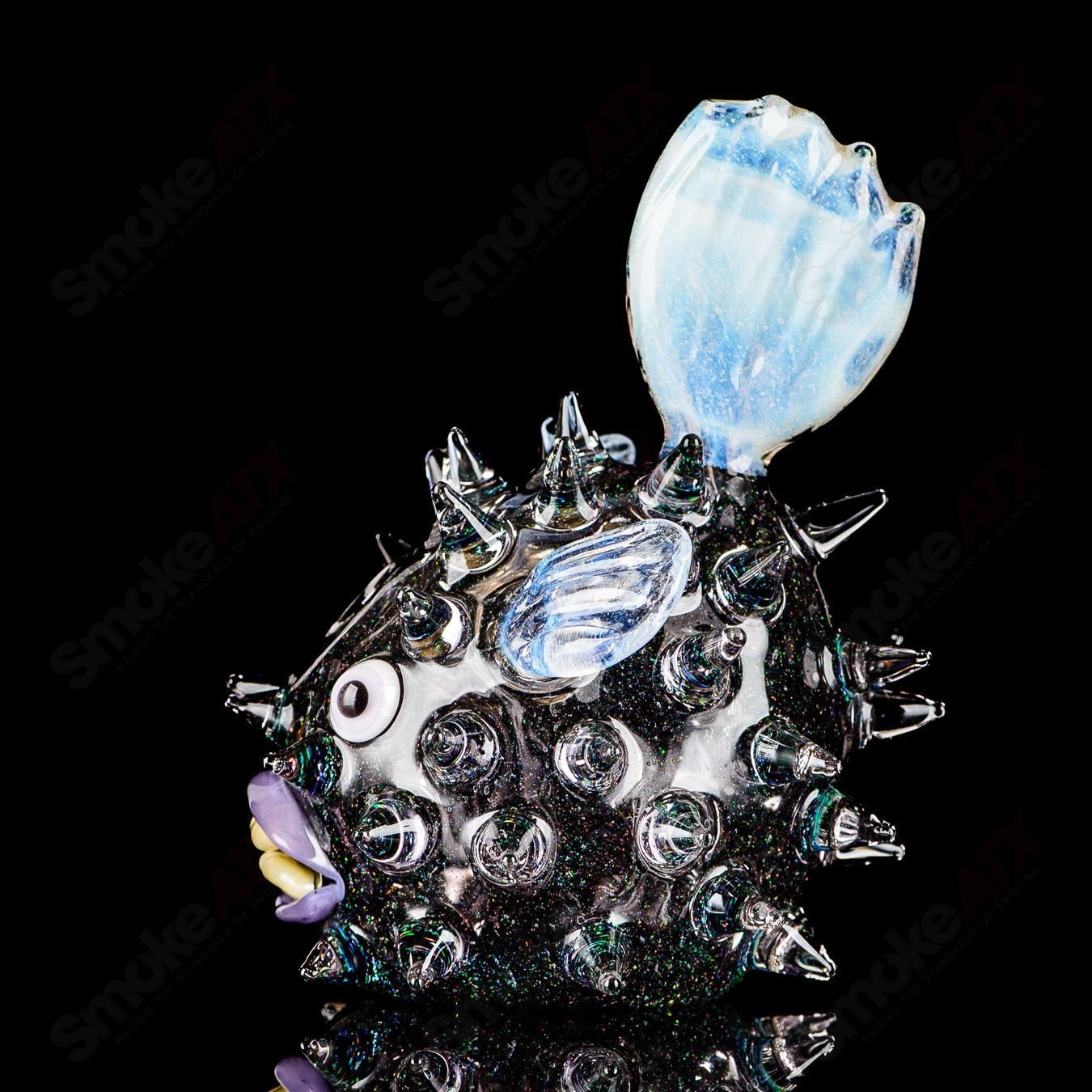 Transparent crushed opal puffer rig by Chadd Lacy Glass, heady glass concentrate rig with intricate glasswork and clear design