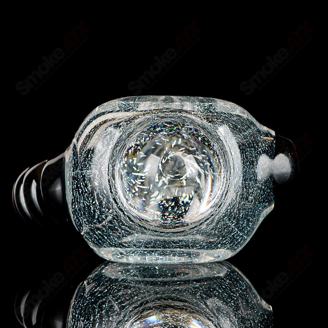 Transparent Dichro Spoon pipe with black horn accents, signed by JMK Glass, a hand pipe from the heady glass collection.