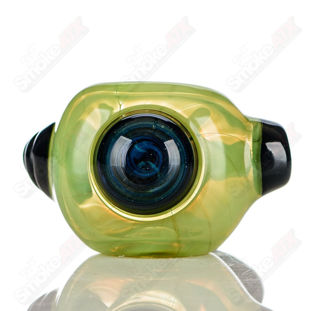 Transparent green glass spoon pipe with black horn accents, signed by JMK Glass, hand pipe for smoking.