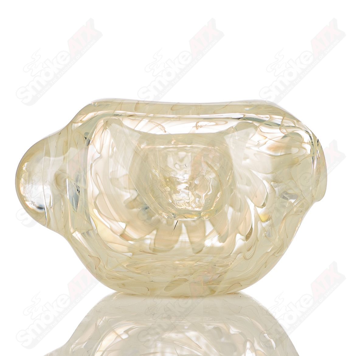 Transparent Wrap n Rake Spoon signed by JMK Glass, a clear glass pipe with intricate wrap and rake design, detailed craftsmanship.