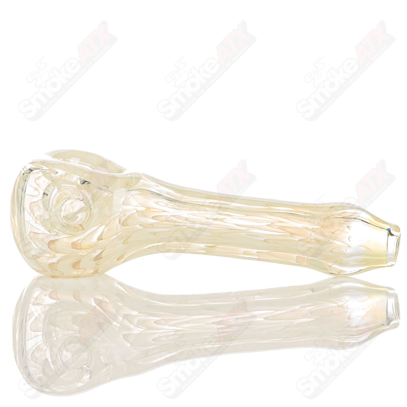 JMK Glass Transparent Wrap and Rake Signed Glass Pipe, clear design with intricate wrap and rake details.