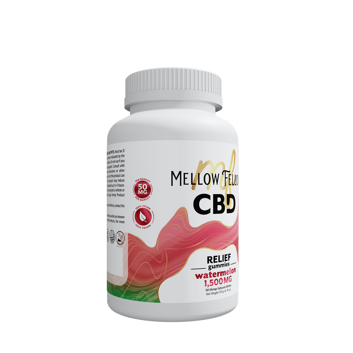 Watermelon CBD relief gummies by Mellow Fellow, 1500mg hemp edibles for wellness, 30 count, natural fruit flavor.