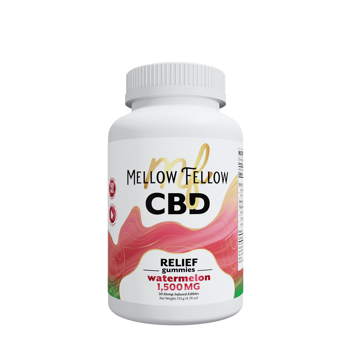 Mellow Fellow Watermelon CBD Relief Gummies, 1500mg hemp edibles in a 30-count container, showcasing watermelon-flavored wellness treats.