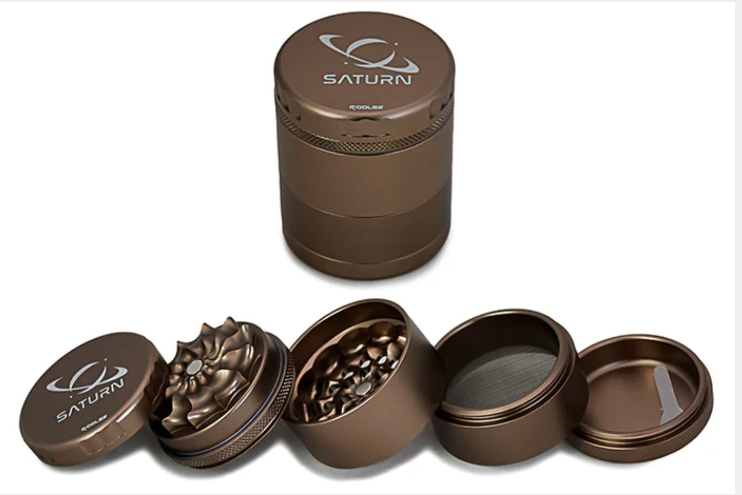 Riddles 50mm Saturn Grinder Mill with five-piece set, durable 420-grade grinder mill for efficient herb grinding.