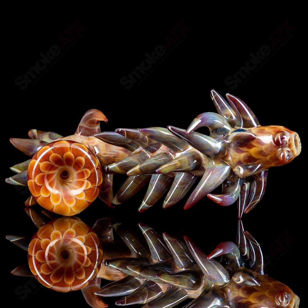 Focused Fire #2 Dragon Sherlock Heady Glass pipe with intricate dragon design and clear glass construction.