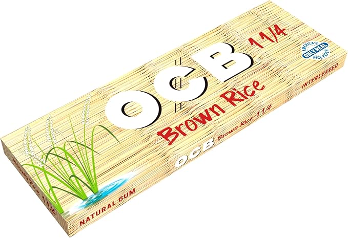 1 1/4 brown rice papers by OCB for rolling, shown in packaging with natural rice paper sheets for rolling your favorite herbs.