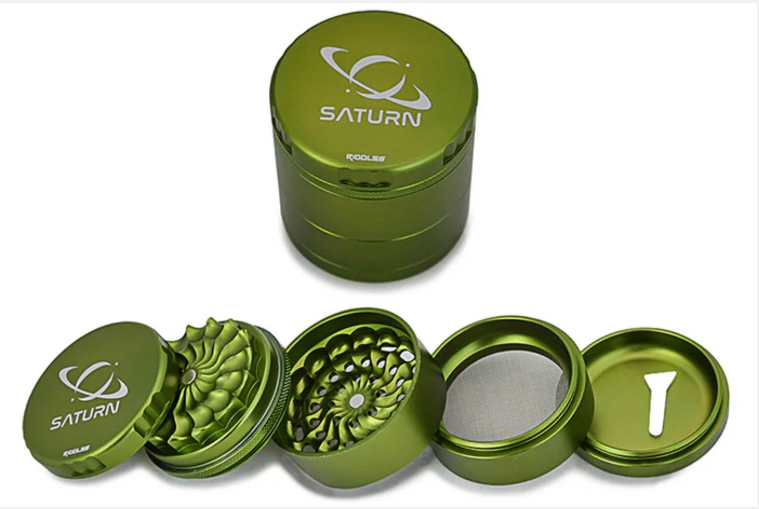 Riddles 63mm 5-piece Saturn grinder mill with textured surface and multiple compartments for grinding and storage.