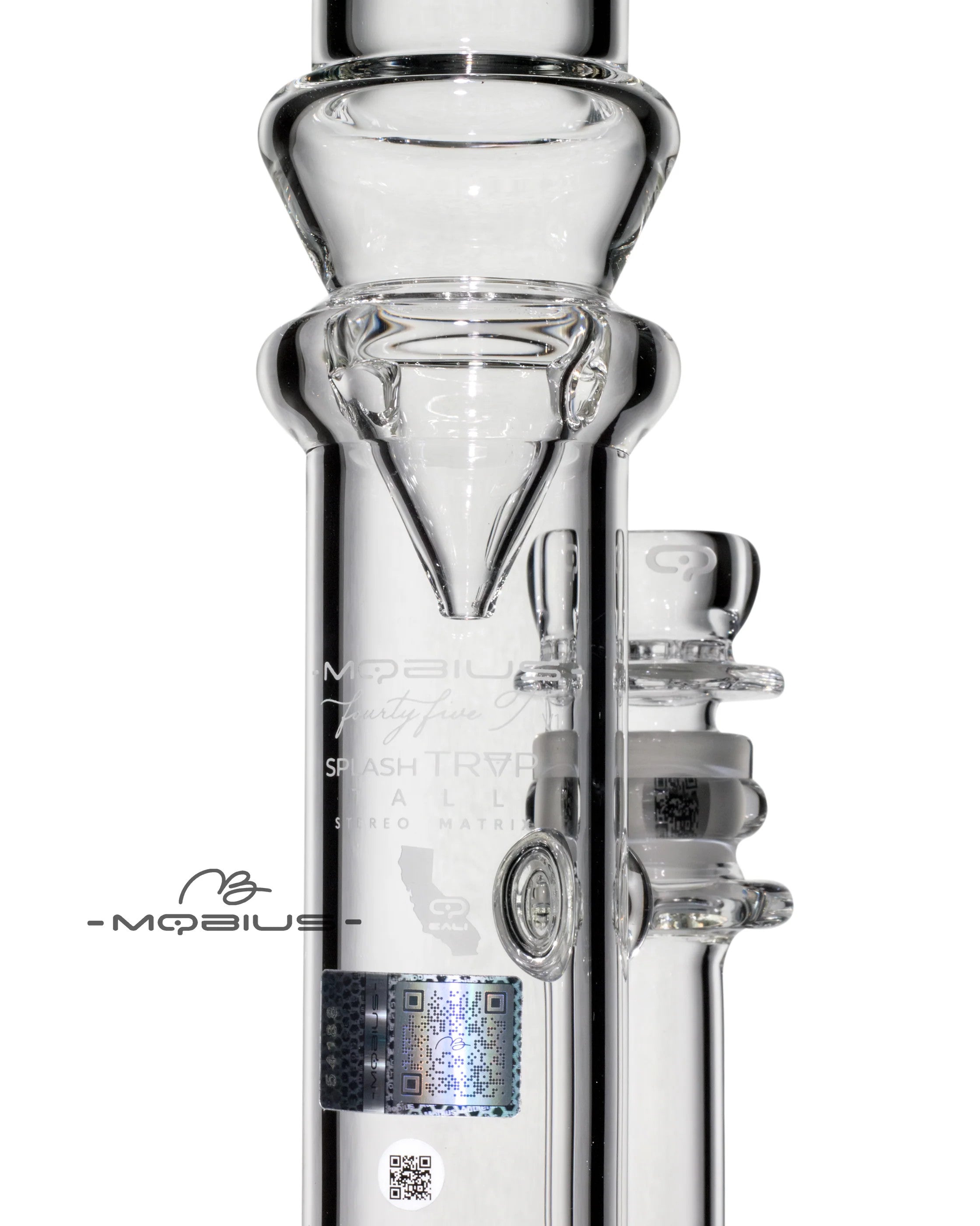 Mobius 45T Tall Stereo Matrix Splash Trap V1 waterpipe with clear glass design and intricate water diffuser features.