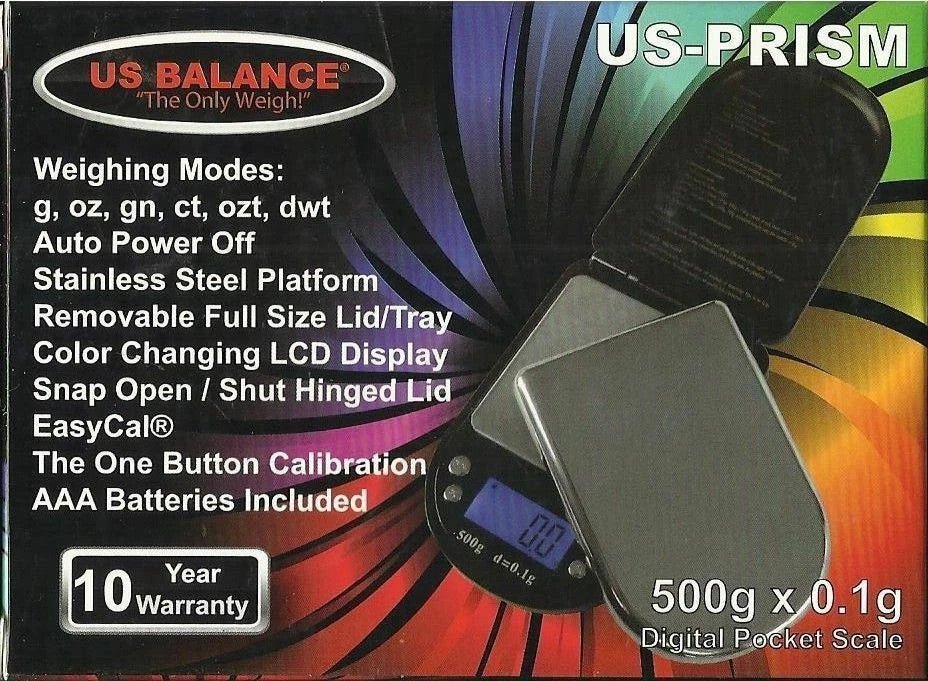 USN 600 digital scale by US Balance, 600g capacity with 0.1g precision, showing a close-up of the LCD display and weighing platform.